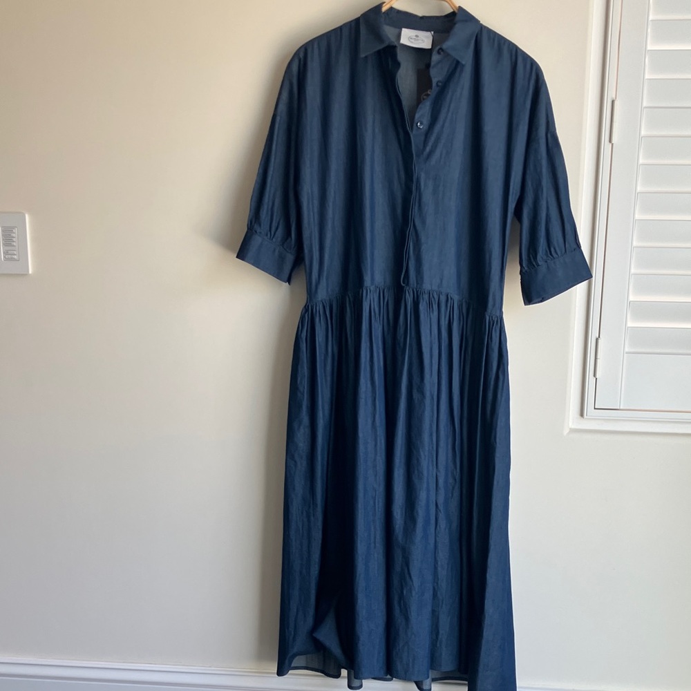 MARIELLE Penelope Denim Blue Lightweight Cotton 1/2 Sleeve Maxi Dress Size M NWT